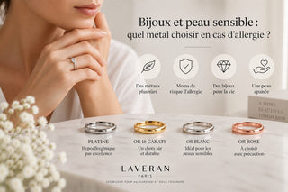 Comparaison du platine, de l’or 18 carats, de l’or blanc et de l’or rose pour choisir un bijou adapté aux peaux sensibles et limiter les risques d’allergie.