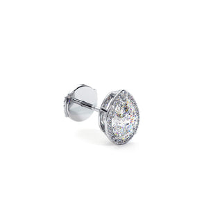 Boucles d'Oreilles Odéon Diamant Poire, halo de diamants de laboratoire, or blanc 18 carats ou platine 950 — Maison Laveran Paris