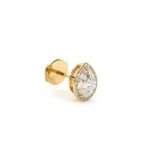 Boucles d'Oreilles Odéon Diamant Poire, halo de diamants de laboratoire, or jaune 18 carats — Maison Laveran Paris