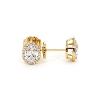 Boucles d'Oreilles Odéon Diamant Poire, halo de diamants de laboratoire, or jaune 18 carats — Maison Laveran Paris