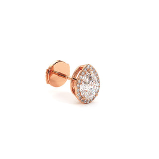 Boucles d'Oreilles Odéon Diamant Poire, halo de diamants de laboratoire, or rose 18 carats — Maison Laveran Paris