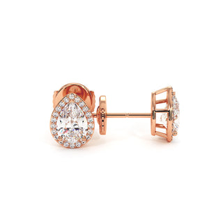 Boucles d'Oreilles Odéon Diamant Poire, halo de diamants de laboratoire, or rose 18 carats — Maison Laveran Paris