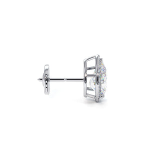 Boucles d'Oreilles Odéon Diamant Poire, halo de diamants de laboratoire, or blanc 18 carats ou platine 950 — Maison Laveran Paris
