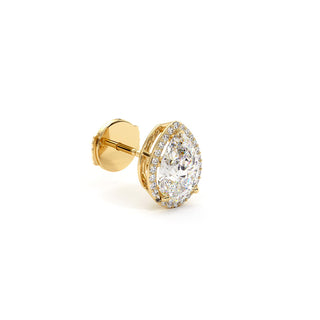 Boucles d'Oreilles Odéon Diamant Poire, halo de diamants de laboratoire, or jaune 18 carats — Maison Laveran Paris