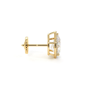Boucles d'Oreilles Odéon Diamant Poire, halo de diamants de laboratoire, or jaune 18 carats — Maison Laveran Paris