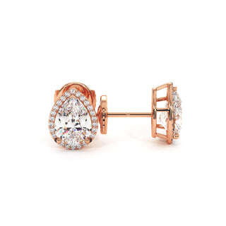 Boucles d'Oreilles Odéon Diamant Poire, halo de diamants de laboratoire, or rose 18 carats — Maison Laveran Paris
