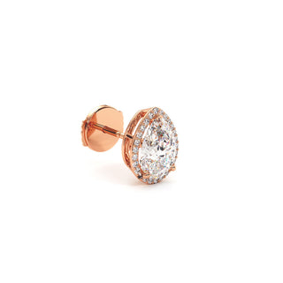 Boucles d'Oreilles Odéon Diamant Poire, halo de diamants de laboratoire, or rose 18 carats — Maison Laveran Paris