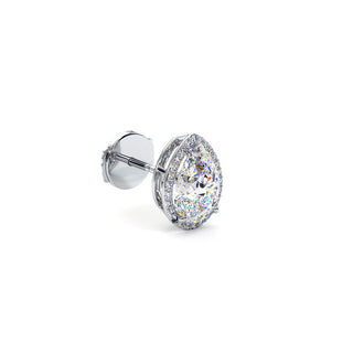 Boucles d'Oreilles Odéon Diamant Poire, halo de diamants de laboratoire, or blanc 18 carats ou platine 950 — Maison Laveran Paris