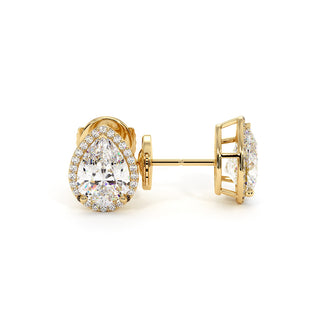 Boucles d'Oreilles Odéon Diamant Poire, halo de diamants de laboratoire, or jaune 18 carats — Maison Laveran Paris