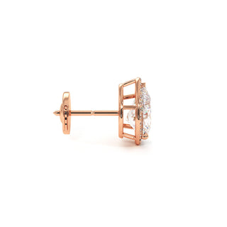 Boucles d'Oreilles Odéon Diamant Poire, halo de diamants de laboratoire, or rose 18 carats — Maison Laveran Paris