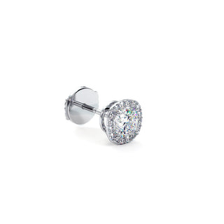 Boucles d'Oreilles Odéon Diamant Coussin, halo de diamants de laboratoire, or blanc 18 carats ou platine 950 — Maison Laveran Paris