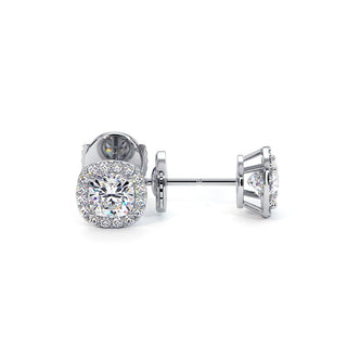 Boucles d'Oreilles Odéon Diamant Coussin, halo de diamants de laboratoire, or blanc 18 carats ou platine 950 — Maison Laveran Paris