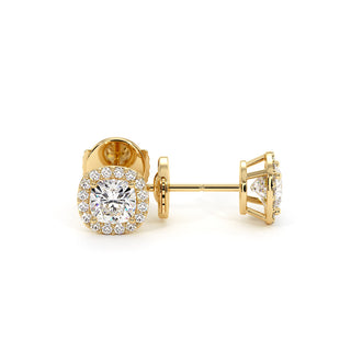 Boucles d'Oreilles Odéon Diamant Coussin, halo de diamants de laboratoire, or jaune 18 carats — Maison Laveran Paris