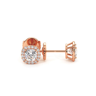 Boucles d'Oreilles Odéon Diamant Coussin, halo de diamants de laboratoire, or rose 18 carats — Maison Laveran Paris
