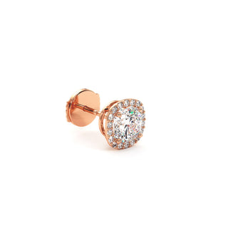 Boucles d'Oreilles Odéon Diamant Coussin, halo de diamants de laboratoire, or rose 18 carats — Maison Laveran Paris