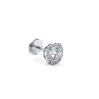 Boucles d'Oreilles Odéon Diamant Coussin, halo de diamants de laboratoire, or blanc 18 carats ou platine 950 — Maison Laveran Paris