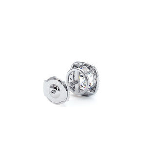 Boucles d'Oreilles Odéon Diamant Coussin, halo de diamants de laboratoire, or blanc 18 carats ou platine 950 — Maison Laveran Paris