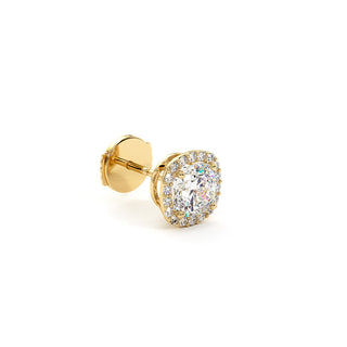 Boucles d'Oreilles Odéon Diamant Coussin, halo de diamants de laboratoire, or jaune 18 carats — Maison Laveran Paris