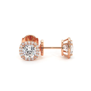 Boucles d'Oreilles Odéon Diamant Coussin, halo de diamants de laboratoire, or rose 18 carats — Maison Laveran Paris