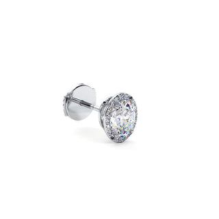 Boucles d'Oreilles Odéon Diamant Ovale, halo de diamants de laboratoire, or blanc 18 carats ou platine 950 — Maison Laveran Paris