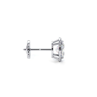 Boucles d'Oreilles Odéon Diamant Ovale, halo de diamants de laboratoire, or blanc 18 carats ou platine 950 — Maison Laveran Paris