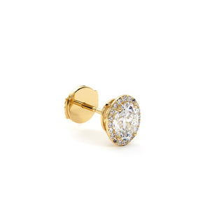 Boucles d'Oreilles Odéon Diamant Ovale, halo de diamants de laboratoire, or jaune 18 carats — Maison Laveran Paris