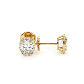 Boucles d'Oreilles Odéon Diamant Ovale, halo de diamants de laboratoire, or jaune 18 carats — Maison Laveran Paris