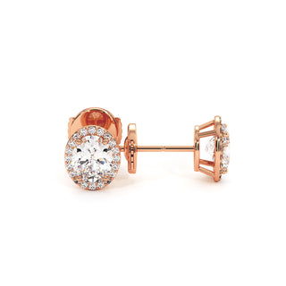 Boucles d'Oreilles Odéon Diamant Ovale, halo de diamants de laboratoire, or rose 18 carats — Maison Laveran Paris