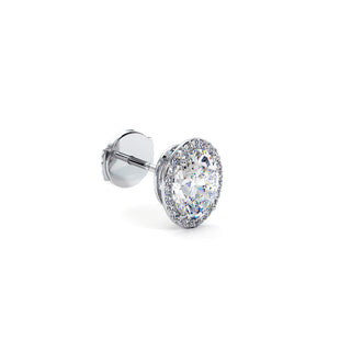 Boucles d'Oreilles Odéon Diamant Ovale, halo de diamants de laboratoire, or blanc 18 carats ou platine 950 — Maison Laveran Paris