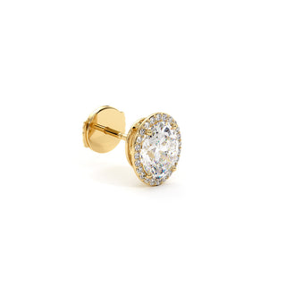 Boucles d'Oreilles Odéon Diamant Ovale, halo de diamants de laboratoire, or jaune 18 carats — Maison Laveran Paris