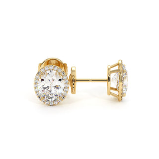Boucles d'Oreilles Odéon Diamant Ovale, halo de diamants de laboratoire, or jaune 18 carats — Maison Laveran Paris