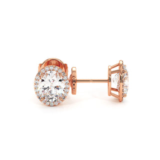 Boucles d'Oreilles Odéon Diamant Ovale, halo de diamants de laboratoire, or rose 18 carats — Maison Laveran Paris