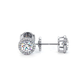 Boucles d'Oreilles Odéon Diamant Rond, halo de diamants de laboratoire, or blanc 18 carats ou platine 950 — Maison Laveran Paris