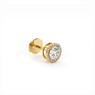 Boucles d'Oreilles Odéon Diamant Rond, halo de diamants de laboratoire, or jaune 18 carats — Maison Laveran Paris