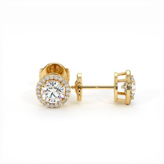 Boucles d'Oreilles Odéon Diamant Rond, halo de diamants de laboratoire, or jaune 18 carats — Maison Laveran Paris