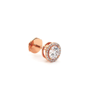 Boucles d'Oreilles Odéon Diamant Rond, halo de diamants de laboratoire, or rose 18 carats — Maison Laveran Paris
