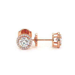 Boucles d'Oreilles Odéon Diamant Rond, halo de diamants de laboratoire, or rose 18 carats — Maison Laveran Paris