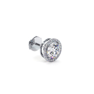 Boucles d'Oreilles Odéon Diamant Rond, halo de diamants de laboratoire, or blanc 18 carats ou platine 950 — Maison Laveran Paris