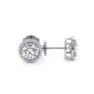 Boucles d'Oreilles Odéon Diamant Rond, halo de diamants de laboratoire, or blanc 18 carats ou platine 950 — Maison Laveran Paris