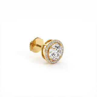 Boucles d'Oreilles Odéon Diamant Rond, halo de diamants de laboratoire, or jaune 18 carats — Maison Laveran Paris