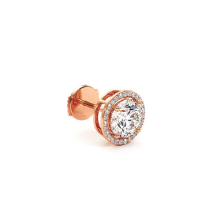 Boucles d'Oreilles Odéon Diamant Rond, halo de diamants de laboratoire, or rose 18 carats — Maison Laveran Paris