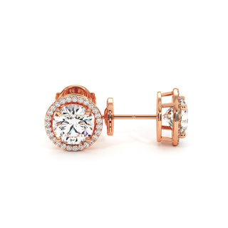 Boucles d'Oreilles Odéon Diamant Rond, halo de diamants de laboratoire, or rose 18 carats — Maison Laveran Paris