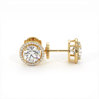 Boucles d'Oreilles Odéon Diamant Rond, halo de diamants de laboratoire, or jaune 18 carats — Maison Laveran Paris