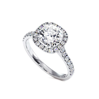 Bague Odéon Diamant Coussin, halo de diamants de laboratoire, or blanc 18 carats ou platine 950 — Maison Laveran Paris