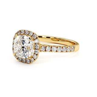 Bague Odéon Diamant Coussin, halo de diamants de laboratoire, or jaune 18 carats — Maison Laveran Paris