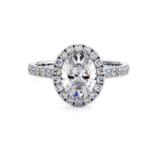 Bague Odéon Diamant Ovale, halo de diamants de laboratoire, or blanc 18 carats ou platine 950 — Maison Laveran Paris