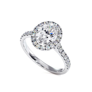 Bague Odéon Diamant Ovale, halo de diamants de laboratoire, or blanc 18 carats ou platine 950 — Maison Laveran Paris