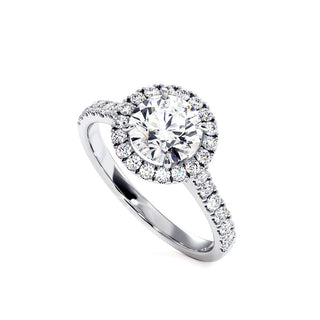 Bague Odéon Diamant Rond, halo de diamants de laboratoire, or blanc 18 carats ou platine 950 — Maison Laveran Paris
