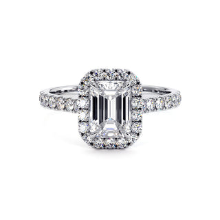 Bague Odéon Diamant Taille Émeraude, halo de diamants de laboratoire, or blanc 18 carats ou platine 950 — Maison Laveran Paris
