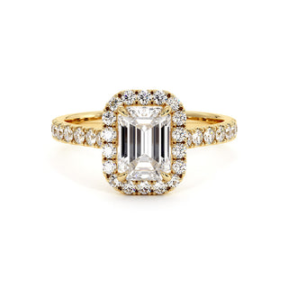 Bague Odéon Diamant Taille Émeraude, halo de diamants de laboratoire, or jaune 18 carats — Maison Laveran Paris